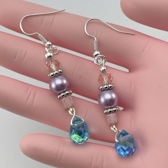 Silver Tone Blue Pink Purple Glass Beaded Dangle Earrings Faux Pearl Teardrop - Picture 4 of 6